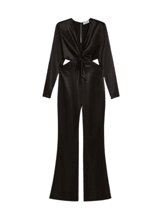 Long satin jumpsuit with long sleeves, V-neckline and cut-out knot detail - New - Woman | Bershka