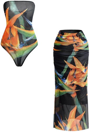 Floral Print Strapless Bodysuit And Ruched Split Skirt Set – Micas