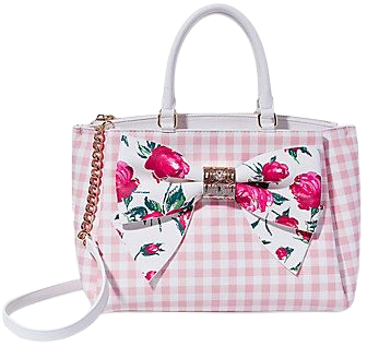 Pink gingham satchel with white floral bow