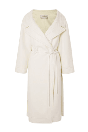 Leather-trimmed Wool And Cashmere-blend Wrap Coat - White