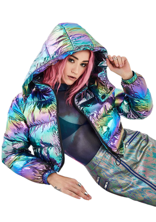 Curent Mood Holographic Rainbow Crop Puffer Jacket | Dolls Kill