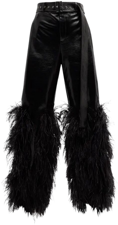 LAPOINTE High-Rise Feather-Trim Patent Faux Leather Straight-Leg Belted Trousers | Neiman Marcus