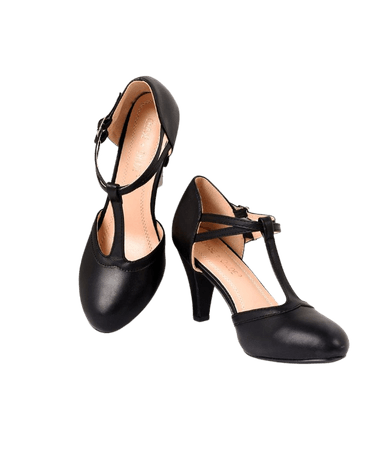 Vintage Style Black Leatherette Round Toe T-Strap Heels – Unique Vintage