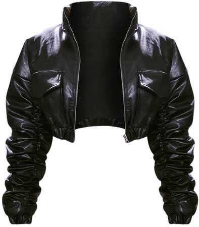Black Pu Ruched Sleeve Cropped Bomber Jacket | PrettyLittleThing