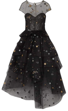 Asymmetric Tiered Glittered Tulle Midi Dress - Black
