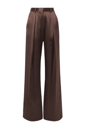Pleated Silk-satin Wide-leg Pants - Brown