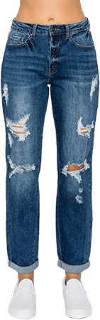 wax jean Women's Boyfriend Jeans with Destructed Blown Knee and Rolled Cuff at Amazon Women's Jeans store