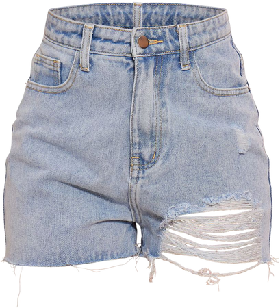 PLT Blue Wash Ripped Denim Mom Shorts | PrettyLittleThing USA