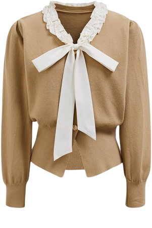 Ruffle Tie-Bow Wool-Blend Buttoned Top in Camel - Retro, Indie and Unique Fashion