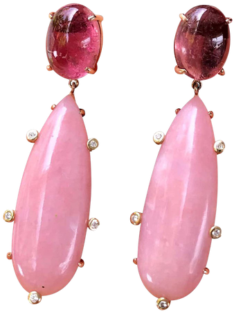18 Karat Rose Gold Pink Tourmaline Pink Opal Diamond Drop Dangle Earrings