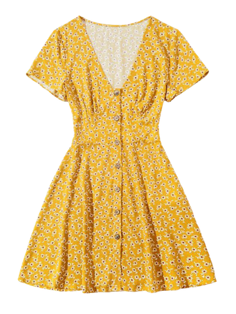 [32% OFF] [HOT] 2020 ZAFUL Ditsy Floral Button Up Mini Dress In YELLOW | ZAFUL