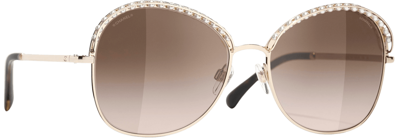 Chanel, square sunglasses Metal & Imitation Pearls Gold. Lenses: Brown, Gradient
