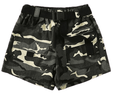 Camo Print Belted Pocket Patch Denim Shorts | ROMWE