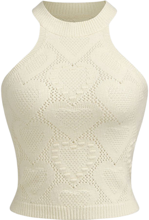 Round Neck Heart Hollow Out Knitted Crop Top - Cider