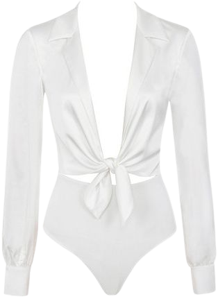 Clothing : Bodysuits : 'Ornella' White Silky Shirt Bodysuit