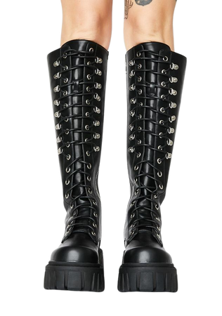 Current Mood Vegan Leather Knee High Combat Boots - Black | Dolls Kill