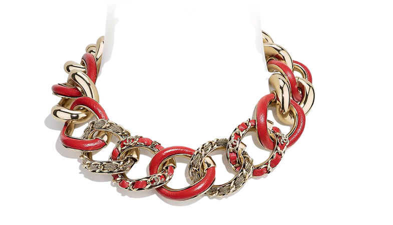 Necklace, metal and calfskin, gold and red - CHANEL