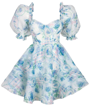 blue floral mini sweetheart puffy sleeve dress