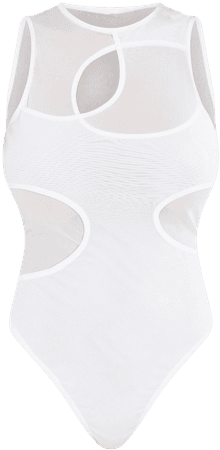 White Mesh Overlay Cut Out Detail Sleeveless Bodysuit | PrettyLittleThing USA
