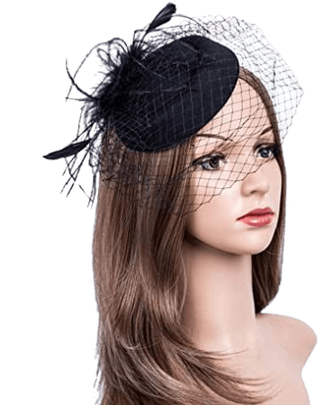 Fascinators Hats 20s 50s Hat Pillbox Hat Cocktail Tea Party Headwear with Veil for Girls and Women(1-B1-black) at Amazon Women’s Clothing store