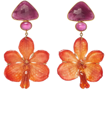 18K Gold, Pink Sapphire, Ruby and Orchid Earrings by Bahina | Moda Operandi
