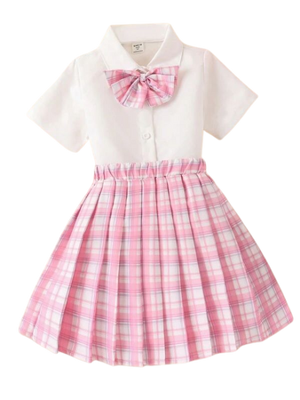 SHEIN Kids EVRYDAY Toddler Girls Bow Front Shirt & Plaid Pleated Skirt | SHEIN USA
