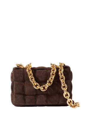 Dark brown Cassette chain-embellished padded intrecciato suede shoulder bag | Bottega Veneta | NET-A-PORTER