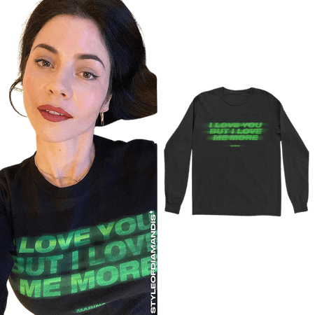 Style of Diamandis • "I Love Me More" green printed black cotton long sleeve t-shirt ($40.00)