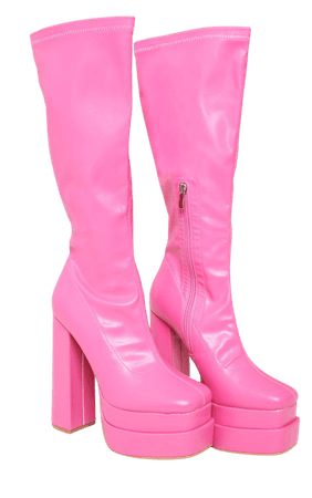 Pink PU Square Toe Double Sole Platform Knee High Boots - Knee High Boots - Boots - Shoes | PrettyLittleThing USA