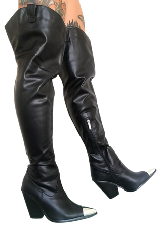 Steel Toe Vegan Leather Cowboy Boots - Black Silver | Dolls Kill