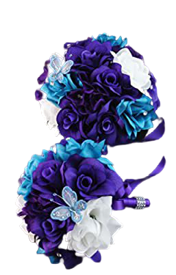 Amazon.com: Angel Isabella 21pc Wedding Bridal Flowers Bouquets Boutonniere - Turquoise, Purple - Silk Roses Flowers: Home & Kitchen