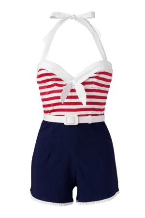 TopVintage Sailor Playsuit with Red and white stripes and ruffle trimed navy
