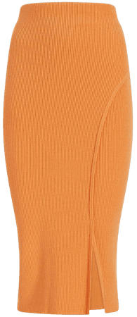 Body Contour Ribbed Faux Wrap Front Slit Midi Skirt | Express