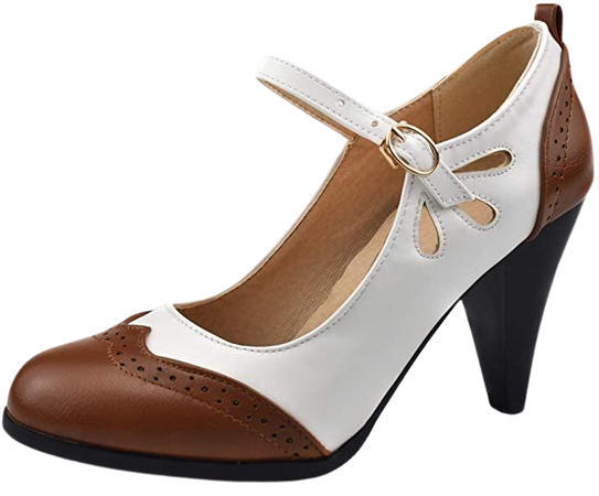 Mekereke Womens Brown Retro Mary Jane Oxford High Heels Pumps Shoes for Women Teardrop Cutout Round Toe Pierced Strappy Oxfords Mary Janes High-Heel Pump Shoe | Pumps