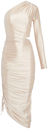 Satin One Shoulder Long Sleeve Ruched Cutout Midi Dress | Express