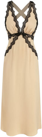 Satin V-neck Lace Contrasting Trim Ruffle Maxi Dress - Cider
