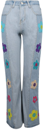 Blue Patchwork Flower Embroidered Pattern Jeans – Juicici