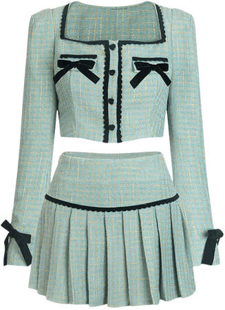 mint top and skirt with black bows