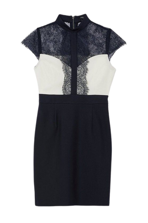 Petite Lace Contrast Cap Sleeve Mini Dress | Karen Millen