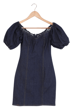 Cute Dark Wash Dress - Denim Mini Dress - Puff Sleeve Dress - Lulus