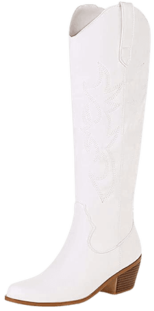Vimisaoi Cowboy Boots for Women, Fashion Retro Pointed Toe Pull On Wide Calf Long Tall Block Chunky Heel Embroidered Western Cowgirl Knee High Boots White | Knee-High