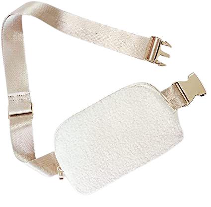 Boutique Fleece Belt Bag | Sherpa Crossbody Bag Fanny Pack for Women Fashionable | Cute Mini Everywhere Bum Hip Waist Pack | Small Fashion Travel Chest Bag | Gold Accessories | Adjustable Small Strap | Cream