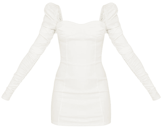 Cream Ruched Long Sleeve Coated Mini Dress | PrettyLittleThing USA