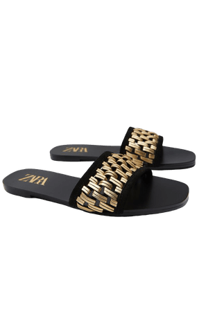 SLIDE SANDALS WITH GOLD WOVEN STRAP | ZARA United States