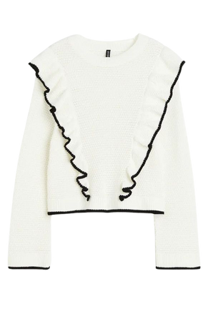 Ruffle-trimmed Textured-knit Sweater - Cream - Ladies | H&M US