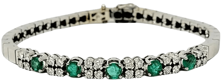 Vintage 1.82 Carats Round Diamond and Emerald Link Bracelet in 18 Karat White Gold