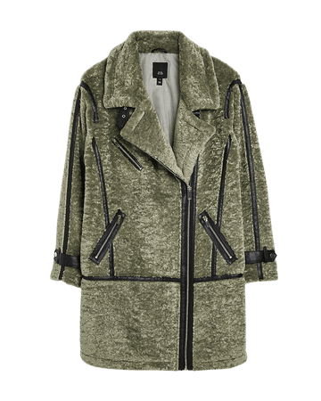 Khaki shearling aviator coat | River Island
