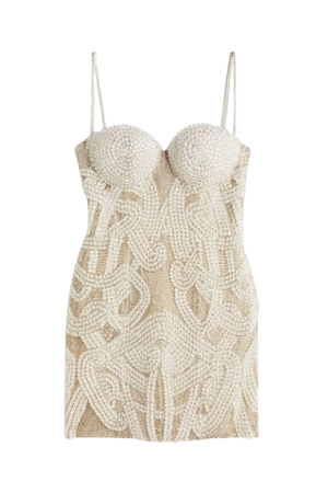Beaded Mesh Mini Dress - Ivory white - Ladies | H&M US