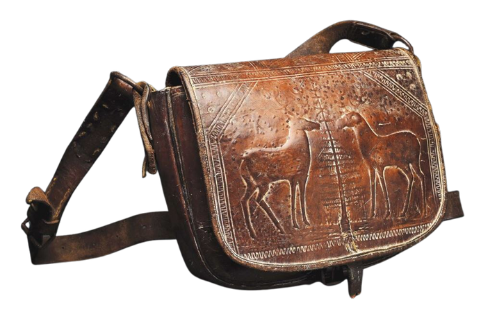 18th century engraved leather hunting bag
