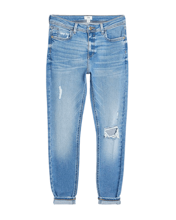 Blue ripped low rise skinny jeans | River Island